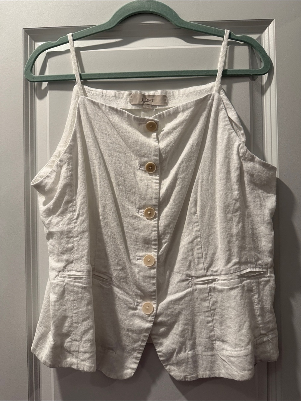 LOFT White Button-Front Linen-Blend Cami with Peplum Hem
